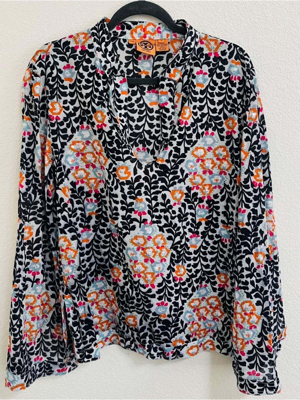 Tory Burch Floral Cotton Tunic Blouse V Neck Size 14